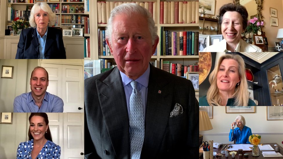 (clockwise from top left) the Duchess of Cornwall, the Prince of Wales, the Princess Royal, Sophie, Countess of Wessex, Princess Alexandra and the Duke and Duchess of Cambridge