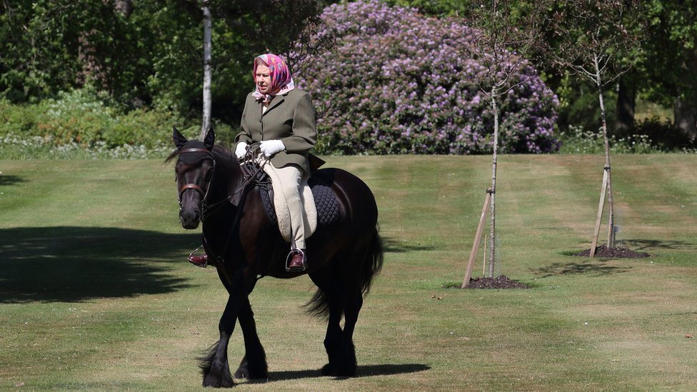 The Queen rides in the grounds of Windsor castle