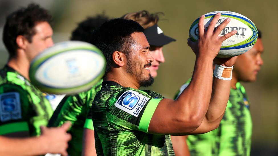 Rugby player Asafo Aumua prepares for a lineout throw during a Hurricanes Super Rugby training session at Rugby League Park on June 09, 2020 in Wellington, New Zealand.