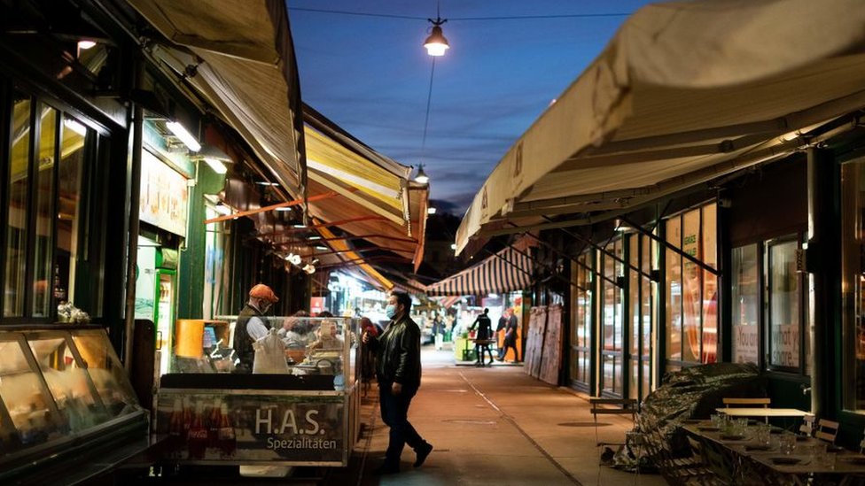 Market stalls are pictured at the Naschmarkt in Vienna, 2 November 2020