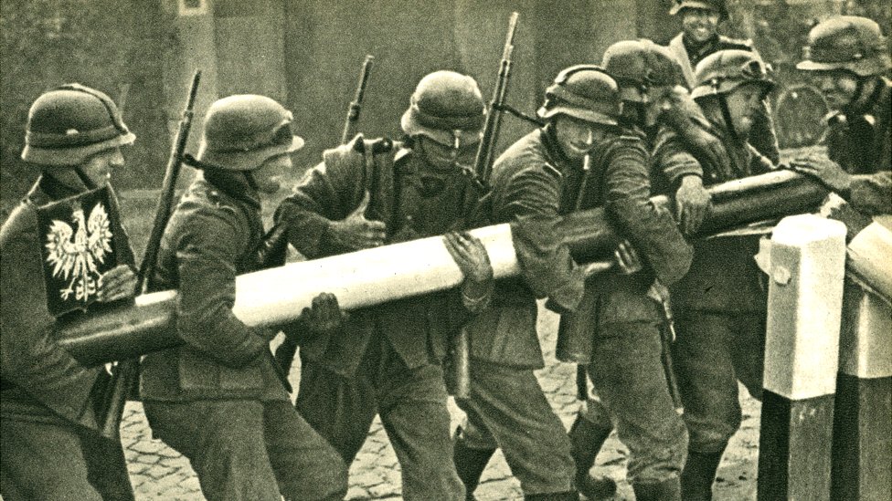 German troops removing a Polish border barrier during the invasion on 1 September 1939